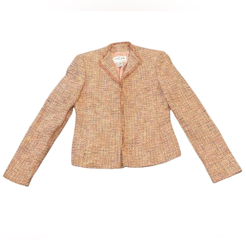Oscar by Oscar de la Renta Coral Tweed Boucle Fringe Blazer Suit Jacket | Sz 4